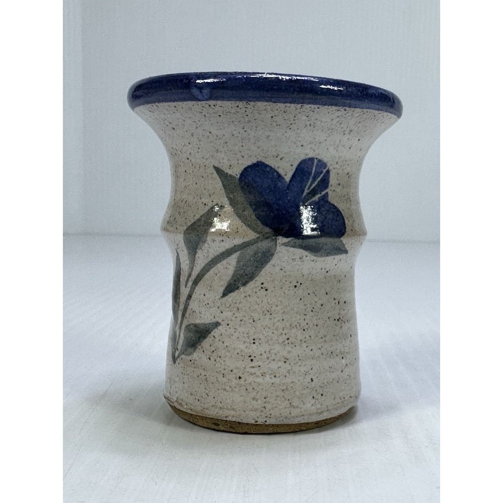 Handcrafted Salt-Glazed Stoneware Toothpick Bud Vase Blue Floral Design